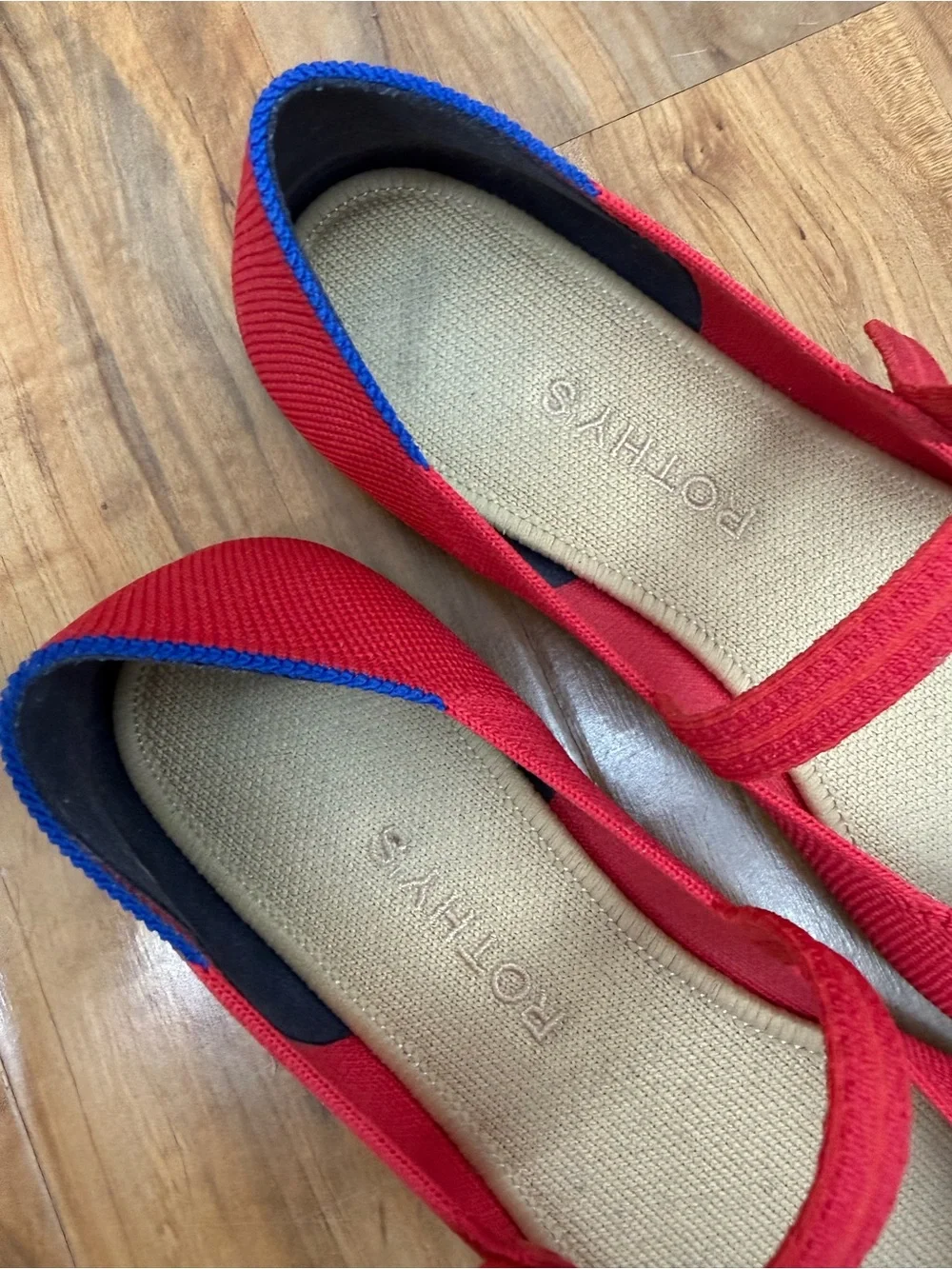 Rothy's The Square Red Mary Jane Flats with Blue Trim - Picture 2 of 9